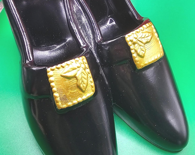 Christmas Shoes Planter Candy Dish Mrs Claus Shoes Black Gold Holly Ceramic Cane B5/4