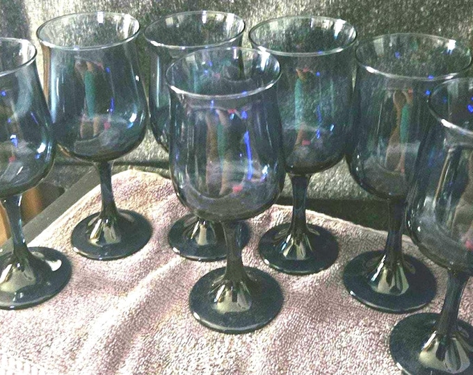 Vintage Set of 7 Libbey Dusky Blue Tulip Water Wine Glasses Goblet D5/21