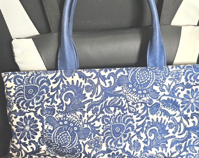 Talbots Blue White Floral Paisley Brown Stripes Coated Cotton Bag Handbag F4/22