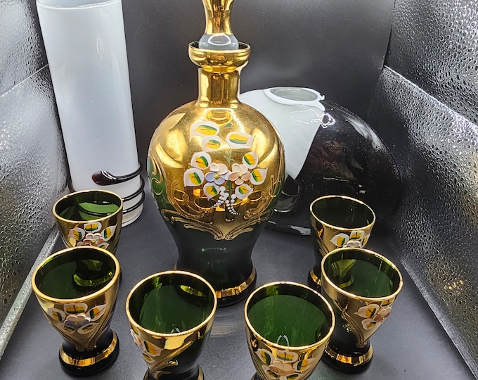 Seyei Victorian glass decanter set emerald green