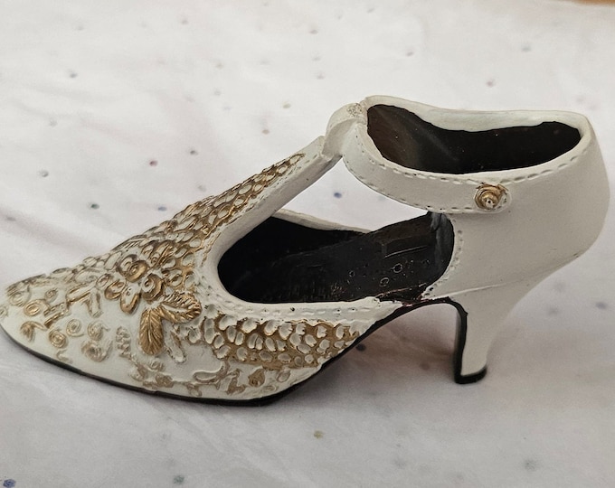Vintage Miniature High Heel Shoe: White with Gold Decorative Design (4 1/2")