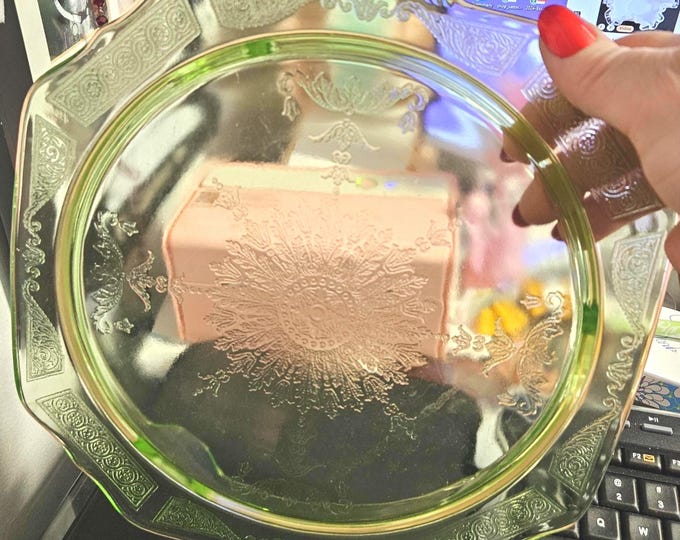 Uranium Glass Anchor Hocking Princess Cake plate Sandwich Platter Octagon Depression Green MCM F5/12