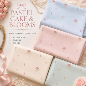 May include: Four folded fabrics in pastel colors: light blue, pink, cream, and mint green. Each fabric features a repeating pattern of small cakes and flowers. The image also includes text that reads "PASTEL CAKE & BLOOMS" and "SEAMLESS REPEATING PATTERN".
