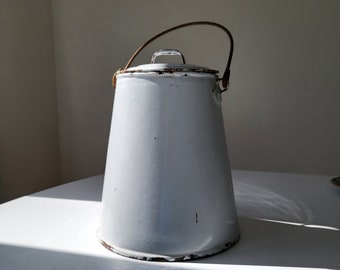 Small Vintage French White Enamelled Milk Pail