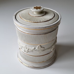 Rare Antique Ivory Ceramic Tobacco Jar with Gold Detailing