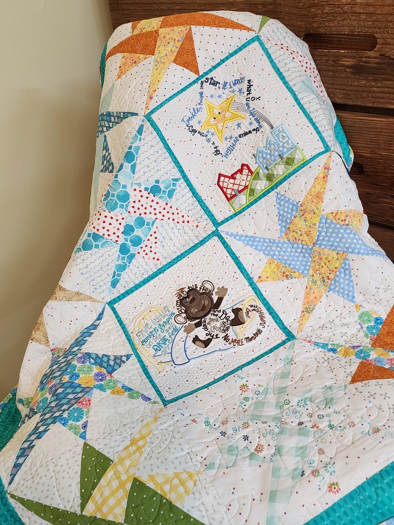 Nursery Rhyme Embroidered Baby Quilt Gender Neutral Baby Quilt Star