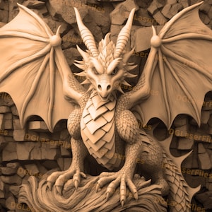 以下が含まれることがあります： 広げた翼を持つドラゴンを詳細に描いた3次元の彫刻。ドラゴンは薄い茶色の素材でできており、表面はテクスチャ加工されています。彫刻は、粗くてテクスチャ加工された石の背景に置かれています。