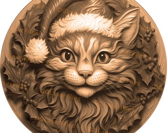 Laser Engrave File | 3D Illusion | PNG For Engraving | Glowforge | Digital File | PNG Burn | Laser Ready | Wreath | Xmas Decor | Cat