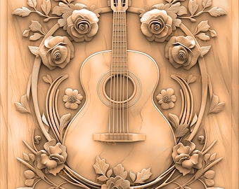 Archivo de grabado láser / Ilusión 3D / PNG para grabado / Glowforge / PNG Burn / Archivo digital / Láser listo / Decoración floral / Guitarra