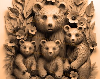 Archivo de grabado láser / Ilusión 3D / PNG para grabado / Glowforge / Diseño para láser / Grabación PNG / Archivo digital / Oso / Familia