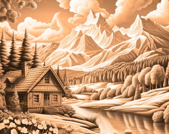 Laser Engrave File | 3D Illusion | PNG For Engraving | Glowforge | Design For Laser | PNG Burn | Digital File | Mountain Landscape | Cottage