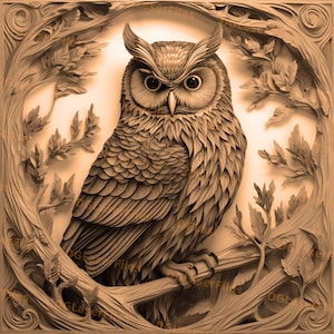 Puede incluir: Una talla de madera detallada de un búho posado en una rama. El búho está tallado en un estilo realista con intrincados detalles en sus plumas y ojos. La talla está colocada sobre un fondo de hojas y ramas talladas.