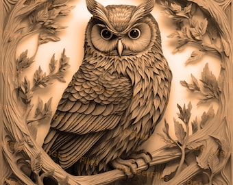Archivo de grabado láser / Ilusión 3D / PNG para grabado / Glowforge / PNG Burn / Archivo digital / Láser listo / Pájaro / Bosque / Búho