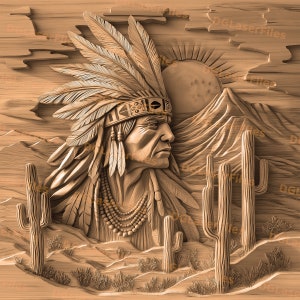 May include: A wooden carving depicting a Native American man wearing a headdress and a necklace. The carving is set against a backdrop of mountains and cacti.