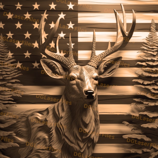 Laser Engrave File | 3D Illusion | PNG For Engraving | Glowforge | PNG Burn | Digital File | Deer Portrait | Patriotic | American Flag