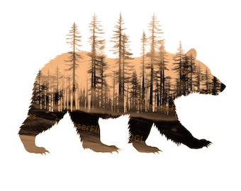 Archivo de grabado láser / Doble exposición / PNG para grabado / Glowforge / Diseño para láser / Grabación PNG / Archivo digital / Bosque / Oso
