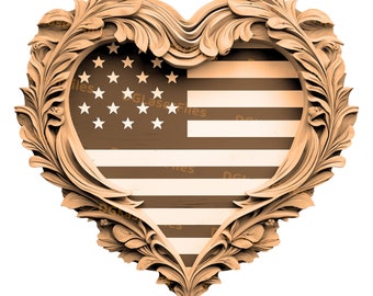 Archivo de grabado láser / Ilusión 3D / PNG para grabado / Diseño láser / Grabación PNG / Archivo digital / Patriótico / Bandera de EE. UU. / Forma de corazón floral