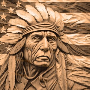 May include: A wooden carving of a Native American man's face with a feathered headdress. The carving is set against a background of a wood-carved American flag.