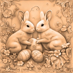 Laser Engrave File | 3D Illusion | PNG Engrave | Design For Laser | PNG Burn | Digital File | Rabbit | Adorable Bunny Couple | Easter Eggs