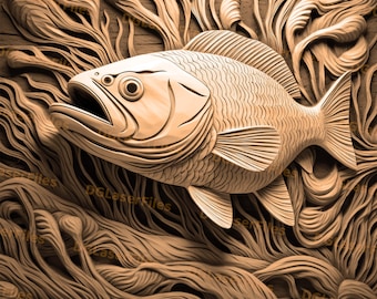 Laser Engrave File | 3D Illusion | PNG For Engraving | Glowforge | Design For Laser | PNG Burn | Digital File | Fish | Bass