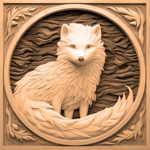 May include: A carved wooden panel with a detailed image of a white fox with a bushy tail. The fox is set against a background of swirling wood grain.