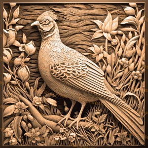 May include: A detailed wood carving of a pheasant standing on a branch surrounded by flowers. The carving is in a light brown color and has a realistic texture.