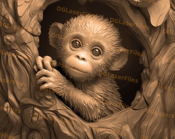 Laser Engrave File | 3D Illusion | PNG For Engraving | Glowforge | PNG Burn | Digital File | Laser Ready | Carved Look | Baby Monkey