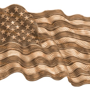 Puede incluir: Escultura de madera de la bandera estadounidense, con tallado detallado. La bandera presenta 50 estrellas y 13 franjas. La madera tiene un tono cálido y natural, y la bandera parece ondear.