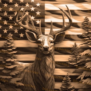 Laser Engrave File | 3D Illusion | PNG For Engraving | Glowforge | Design For Laser | PNG Burn | Digital File | Deer | American Flag