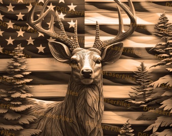 Laser Engrave File | 3D Illusion | PNG For Engraving | Glowforge | Design For Laser | PNG Burn | Digital File | Deer | American Flag