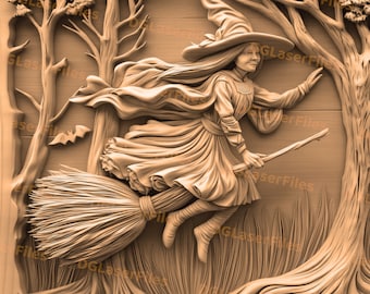May include: A wooden carving of a witch flying on a broomstick through a forest. The witch is wearing a pointed hat and a long dress. The carving is detailed and realistic.