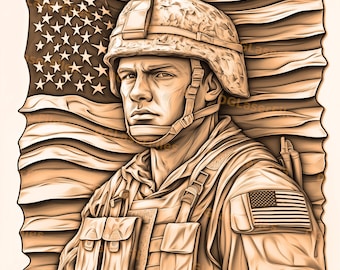 Archivo de grabado láser / Ilusión 3D / PNG para grabado / Grabación PNG / Archivo digital / xTool / Ejército / Soldado / Patriótico / Bandera de EE. UU.
