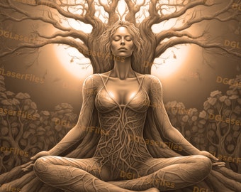 Laser Engrave File | 3D Illusion | PNG For Engraving | Glowforge | PNG Burn | Digital File | Woman | Meditation | Yggdrasil Art