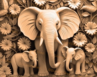 Archivo de grabado láser / Ilusión 3D / PNG para grabado / Glowforge / Diseño para láser / Grabación PNG / Archivo digital / Elefante / Familia