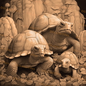 Op de afbeelding: Een close-up van drie schildpadden, twee grote en een kleine, in een gegraveerde houten omgeving. De schildpadden zijn bruin en hebben gedetailleerde schildpatronen. De achtergrond is lichtbruin en heeft gegraveerde bladeren en rotsen.