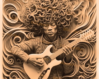 Archivo de grabado láser / Ilusión 3D / PNG para grabado / Glowforge / PNG Burn / Archivo digital / Láser listo / Afroamericano / Guitarrista