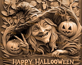 Archivo para grabar con láser / Ilusión 3D / PNG para grabar / Glowforge / PNG para grabar / Archivo digital / Feliz Halloween / / Bruja y calabazas