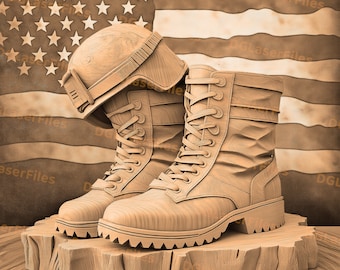 May include: A pair of brown leather military boots with laces and a helmet on a wooden stump in front of an American flag.