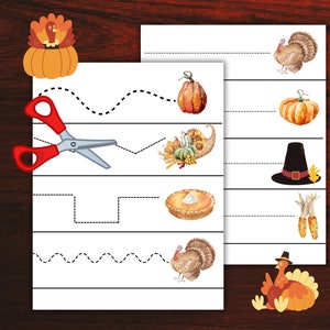 Thanksgiving cutting practice | Scissor cutting strips | Montessori | fine motor skills | tracing practice | toddler preschool kids activity