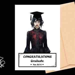 Graduation Goth Girl druckbare Karte | düstere Gothic Glückwunschkarte | Schulabschluss Sofort Download | Kappe & Kleid Glückwunschkarte