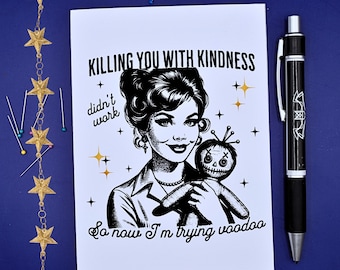 Matarte con amabilidad no funcionó, así que ahora lo intento. Tarjeta de vudú, tarjeta divertida de muñeco vudú, humor negro, tarjeta de felicitación de mujer sarcástica.