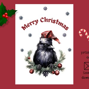 Carte de joyeux Noël imprimable Santa Crow Raven | pour les Fêtes corbeau gothique | flocons de neige noirs d'oiseau de goth Cartes De Vœux | Noël sombre