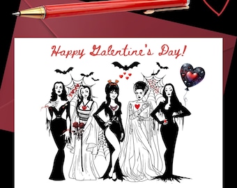 Goth Women Happy Galentines Valentijnsdag afdrukbare kaart | vampier vampier meisje monsters gotische donkere unieke wenskaart | voor vrienden haar