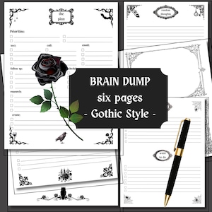 Viktorianischen Gothic Brain Dump druckbare Planer Seiten, Gothic Gehirn Dump, Gothic To Do Listen, schwarz und weiß Design