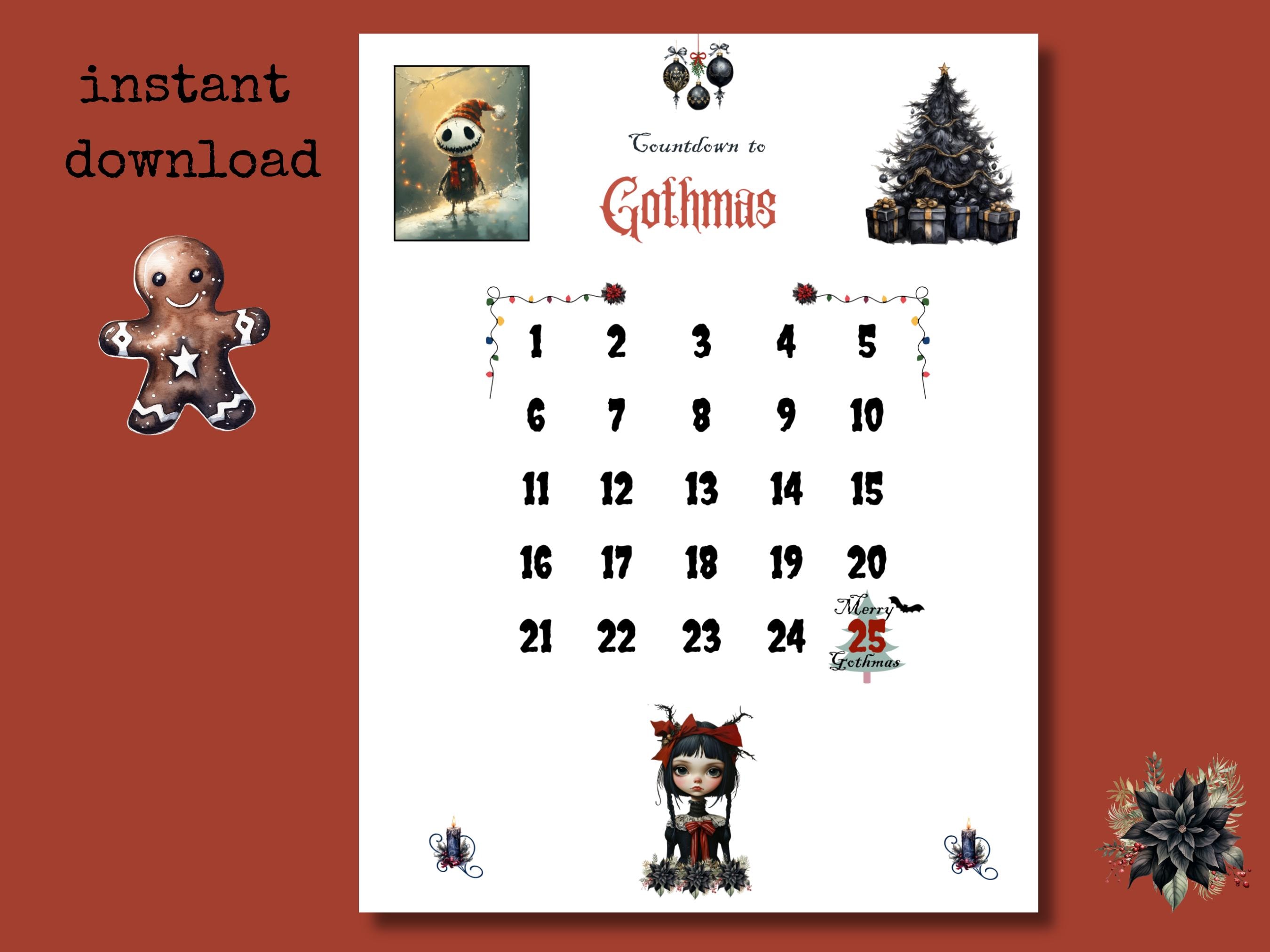 Gothmas Printable Christmas Countdown | Goth Gothic Creepmas Advent ...