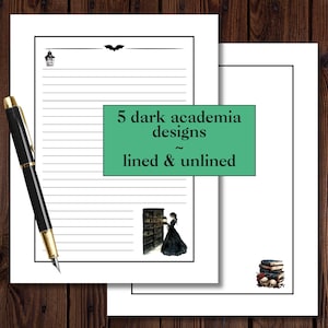 May include: White paper with a black border, featuring lined and unlined pages. The text "5 dark academia designs lined & unlined" is in a green rectangle. Illustrations include a lantern, bat, and a woman in a black dress near a bookshelf.