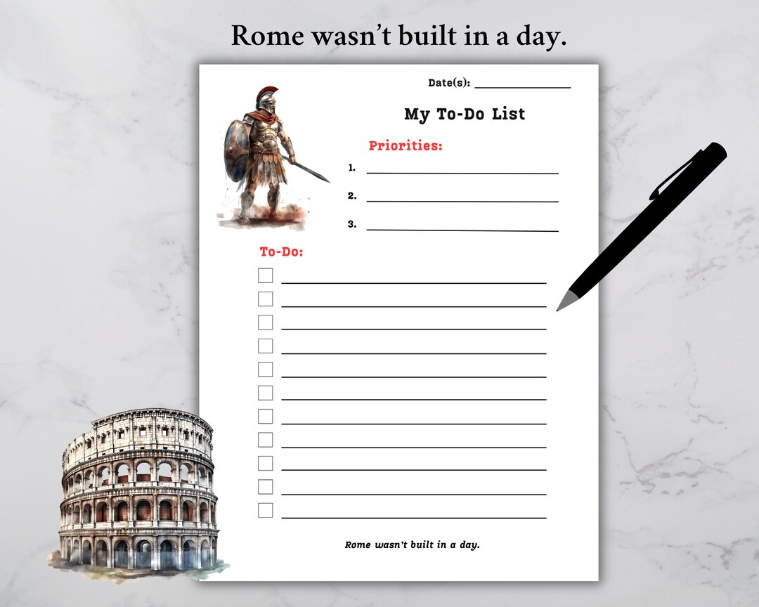 Sample Roma Checklists Roman Empire To-do List | Rome Wasnt Build in A Day Printable | Daily ...
