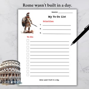 Puede incluir: Una lista de tareas imprimible con una ilustración de un soldado romano y el texto "Roma no se construyó en un día." en la parte superior e inferior. La lista incluye secciones para prioridades y tareas.