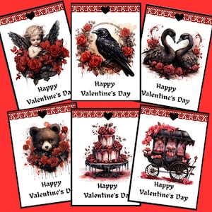 Goth Valentinstag druckbare Karten tags | Gothic Happy Valentines Day Karten | Gruseliger VDay Gruß | dunkele Vday tags | Sofortige Valentinstage