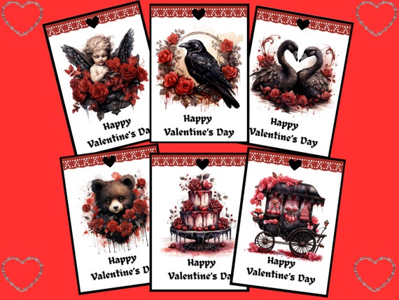 Goth Valentines Day Printable cards tags | gothic Happy Valentines Day cards | spooky VDay Greeting | dark Vday tags | instant Valentines